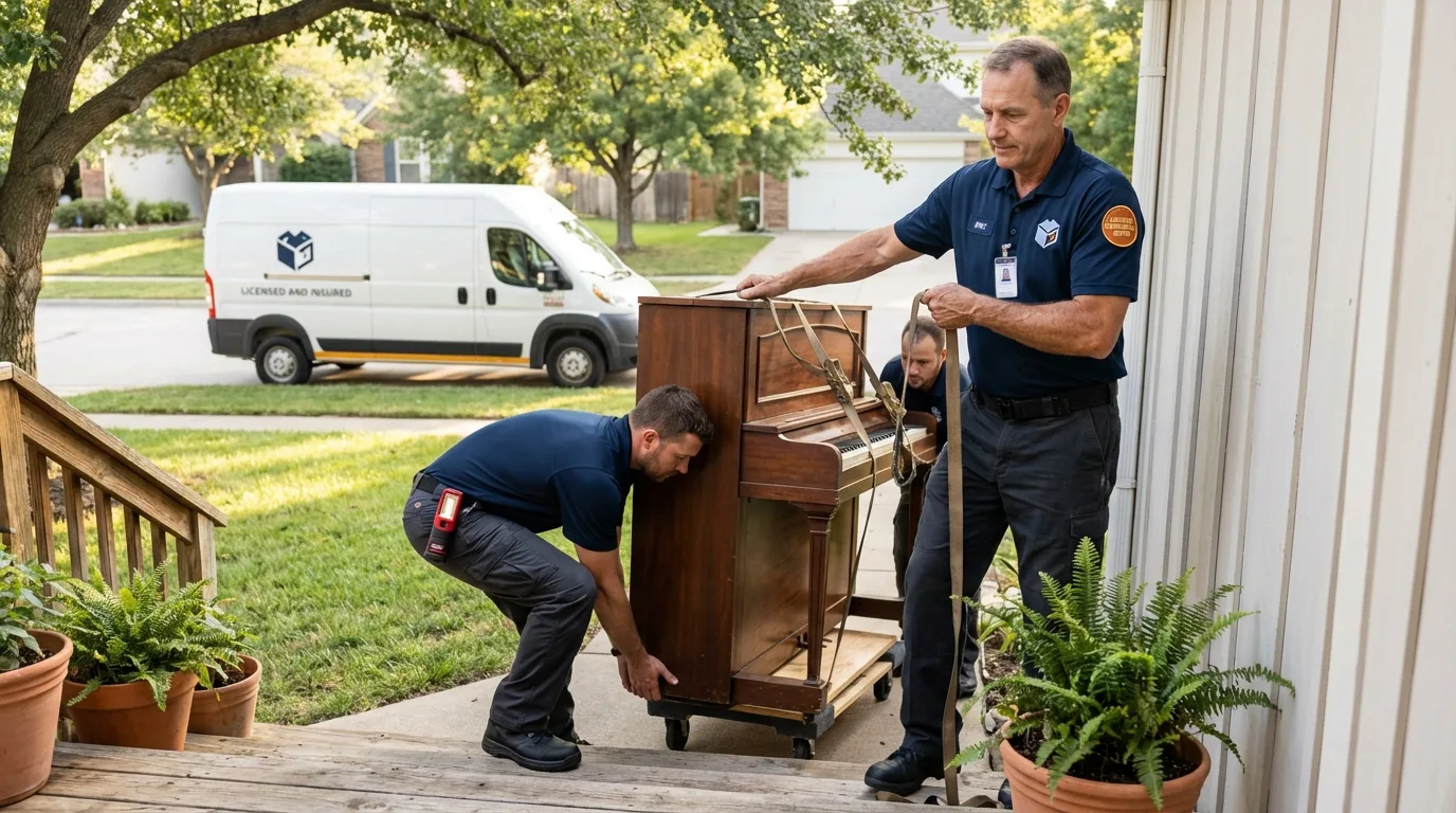 Licensed piano movers securing grand piano in Poplarville, MS