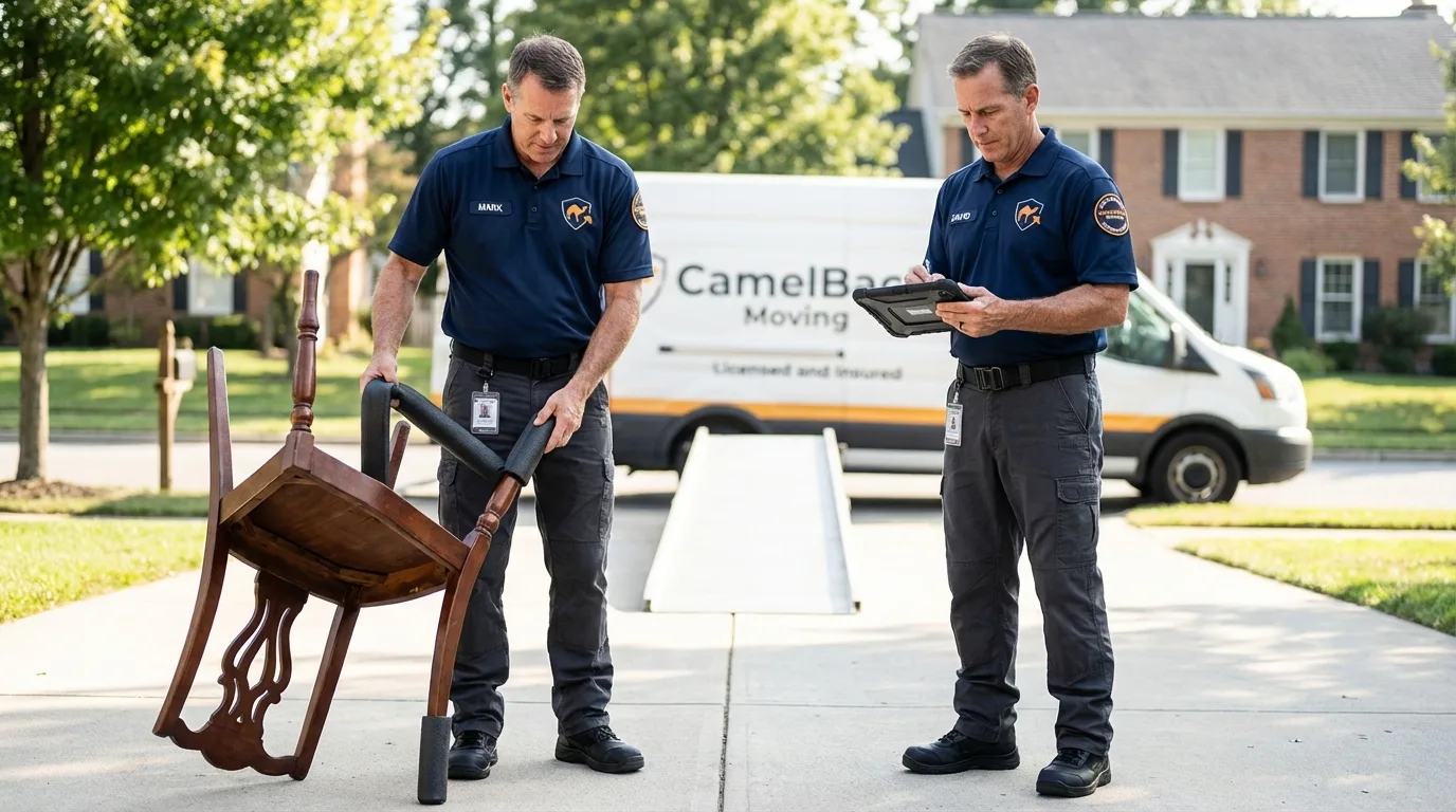 Movers inspecting furniture for damage prevention before loading in Poplarville, MS