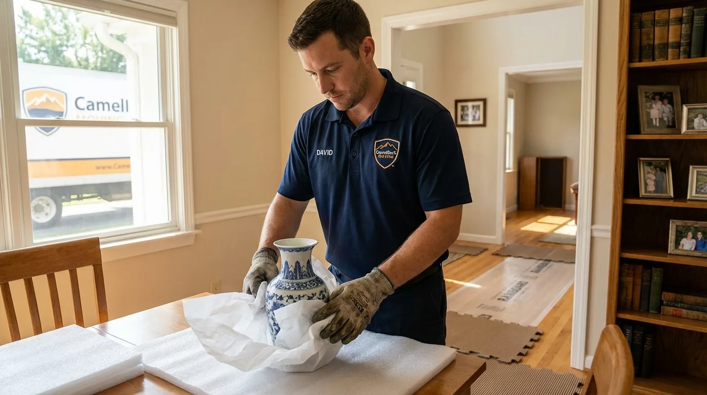 Professional crew carefully wrapping antique vase for senior downsizing move in Poplarville, MS